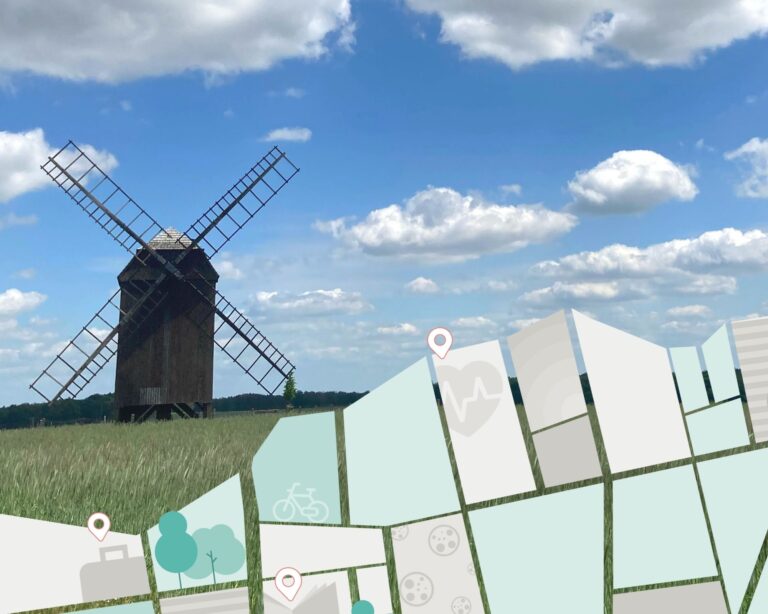 Illustration eines Stadtplans über Foto einer alten Windmühle